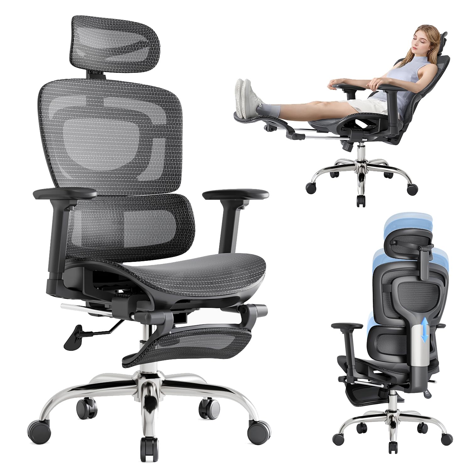 Ergonomic Office Chair, Breathable Mesh Chair with Adaptive Lumbar Support, 3D Headrest, Armrests, Retractable Footrest, and a Six - Position Adjustable Backrest, Office Desk Chair Black - FocusAid Essentials: Empowering ADHD Living