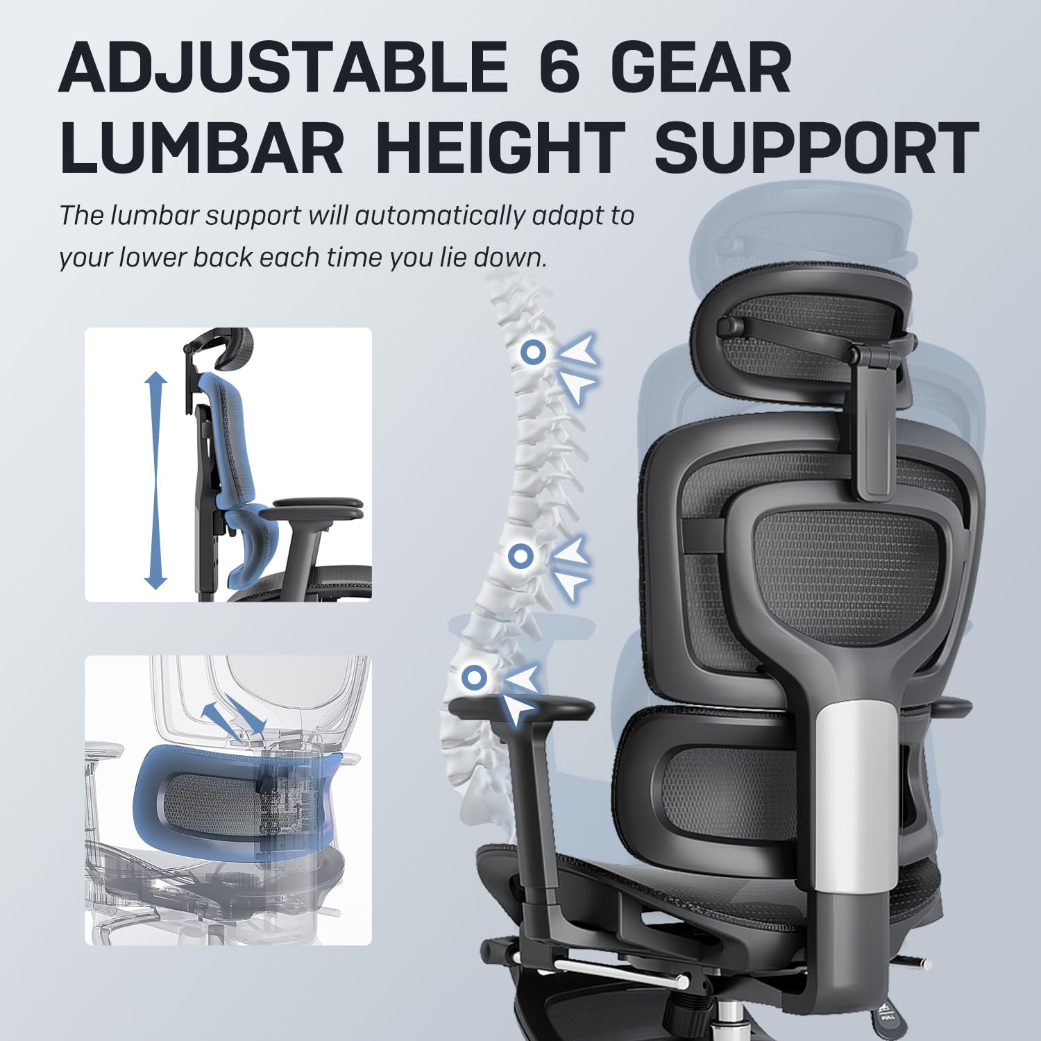 Ergonomic Office Chair, Breathable Mesh Chair with Adaptive Lumbar Support, 3D Headrest, Armrests, Retractable Footrest, and a Six - Position Adjustable Backrest, Office Desk Chair Black - FocusAid Essentials: Empowering ADHD Living