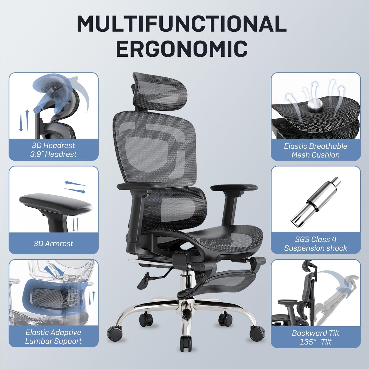 Ergonomic Office Chair, Breathable Mesh Chair with Adaptive Lumbar Support, 3D Headrest, Armrests, Retractable Footrest, and a Six - Position Adjustable Backrest, Office Desk Chair Black - FocusAid Essentials: Empowering ADHD Living