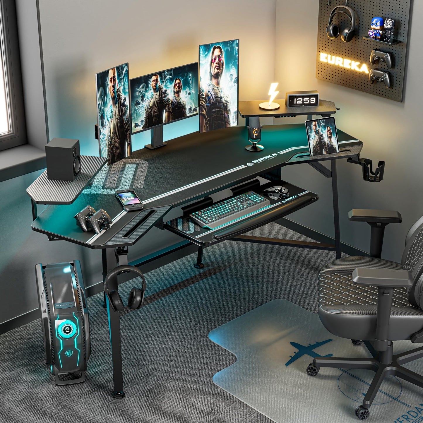 EUREKA ERGONOMIC Aero Gaming Desk with Led Lights, 72" Large Wing - Shaped Studio Desk W Keyboard Tray Monitor Stand Dual Headphone Hanger Cup Holder for Live, Streamer - FocusAid Essentials: Empowering ADHD Living