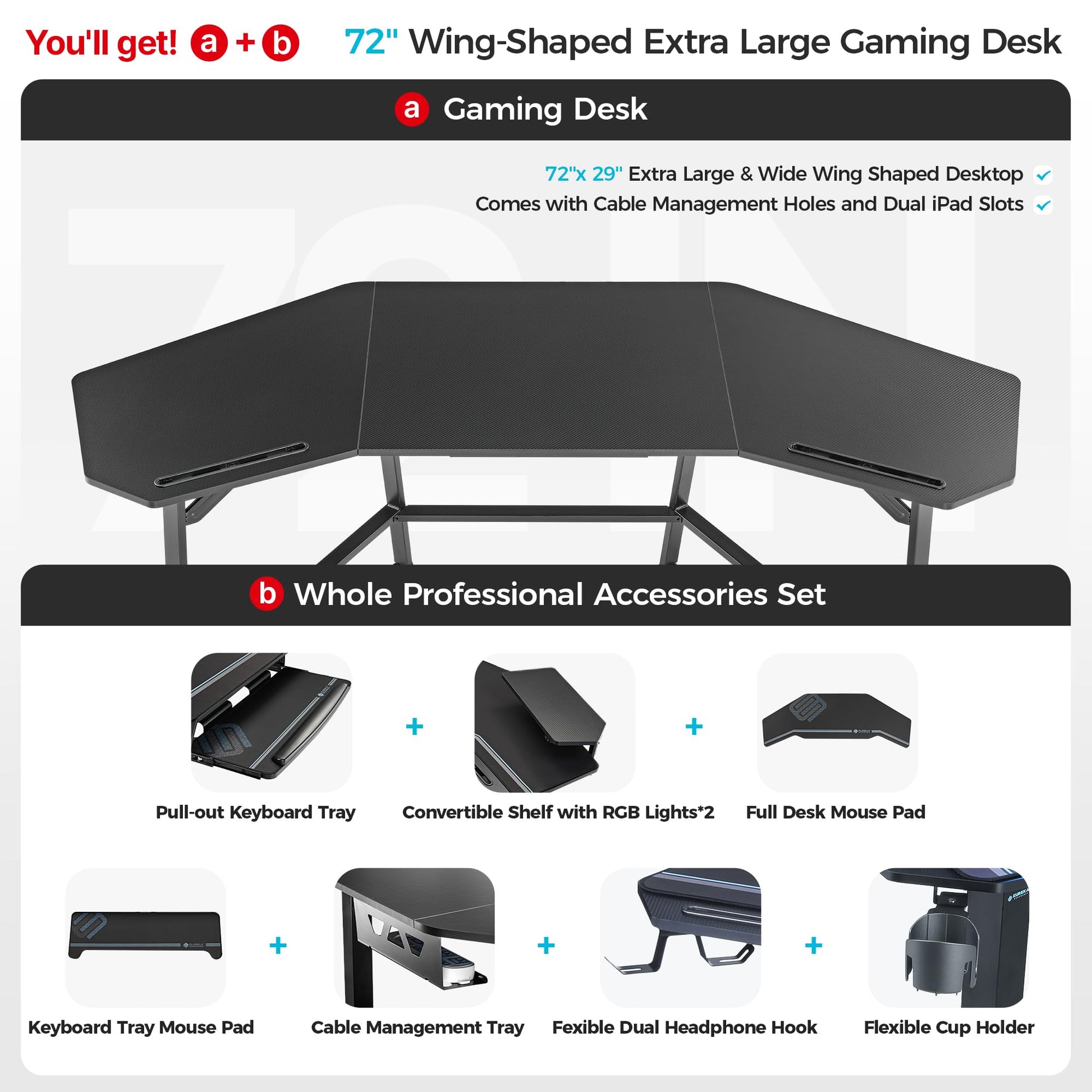 EUREKA ERGONOMIC Aero Gaming Desk with Led Lights, 72" Large Wing - Shaped Studio Desk W Keyboard Tray Monitor Stand Dual Headphone Hanger Cup Holder for Live, Streamer - FocusAid Essentials: Empowering ADHD Living