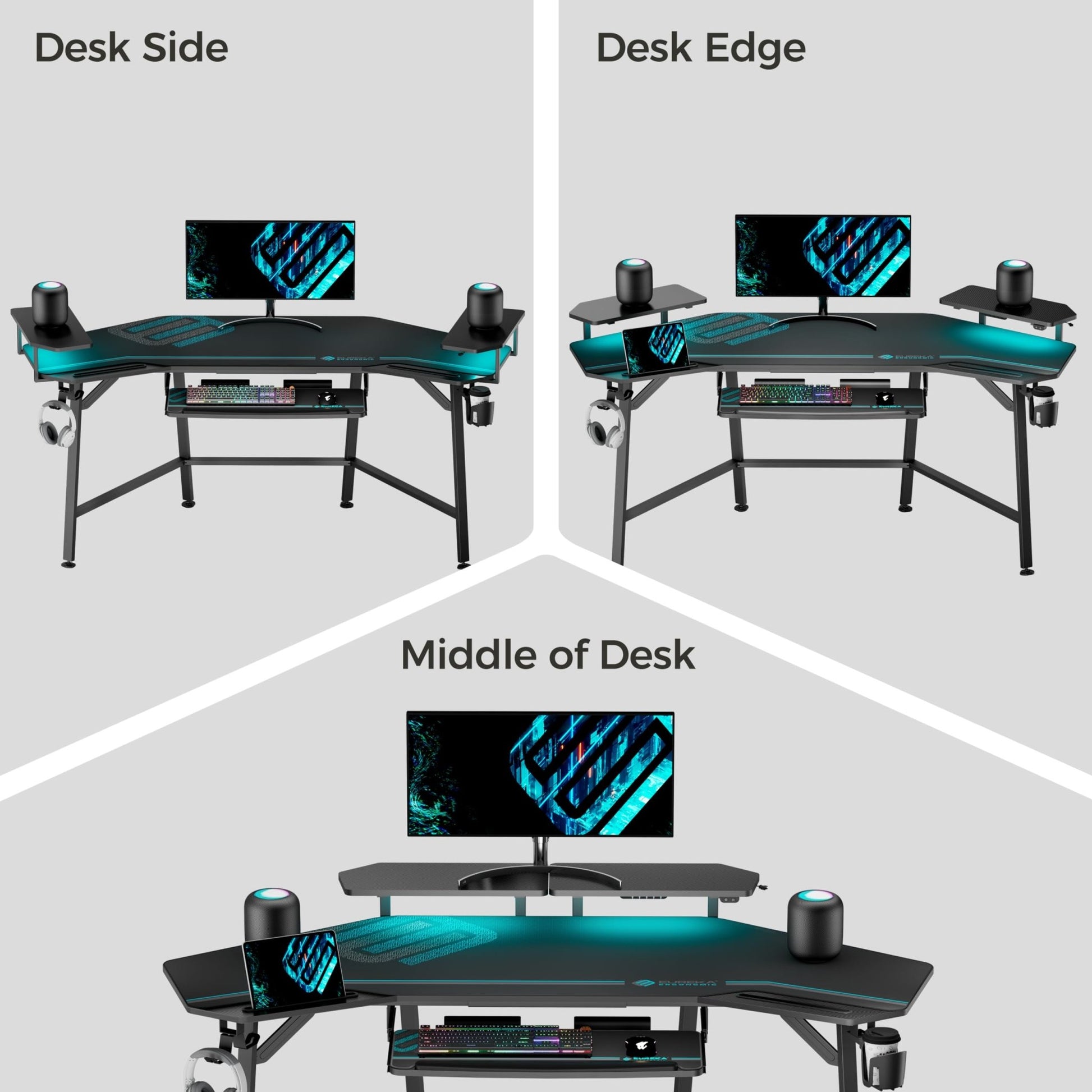 EUREKA ERGONOMIC Aero Gaming Desk with Led Lights, 72" Large Wing - Shaped Studio Desk W Keyboard Tray Monitor Stand Dual Headphone Hanger Cup Holder for Live, Streamer - FocusAid Essentials: Empowering ADHD Living