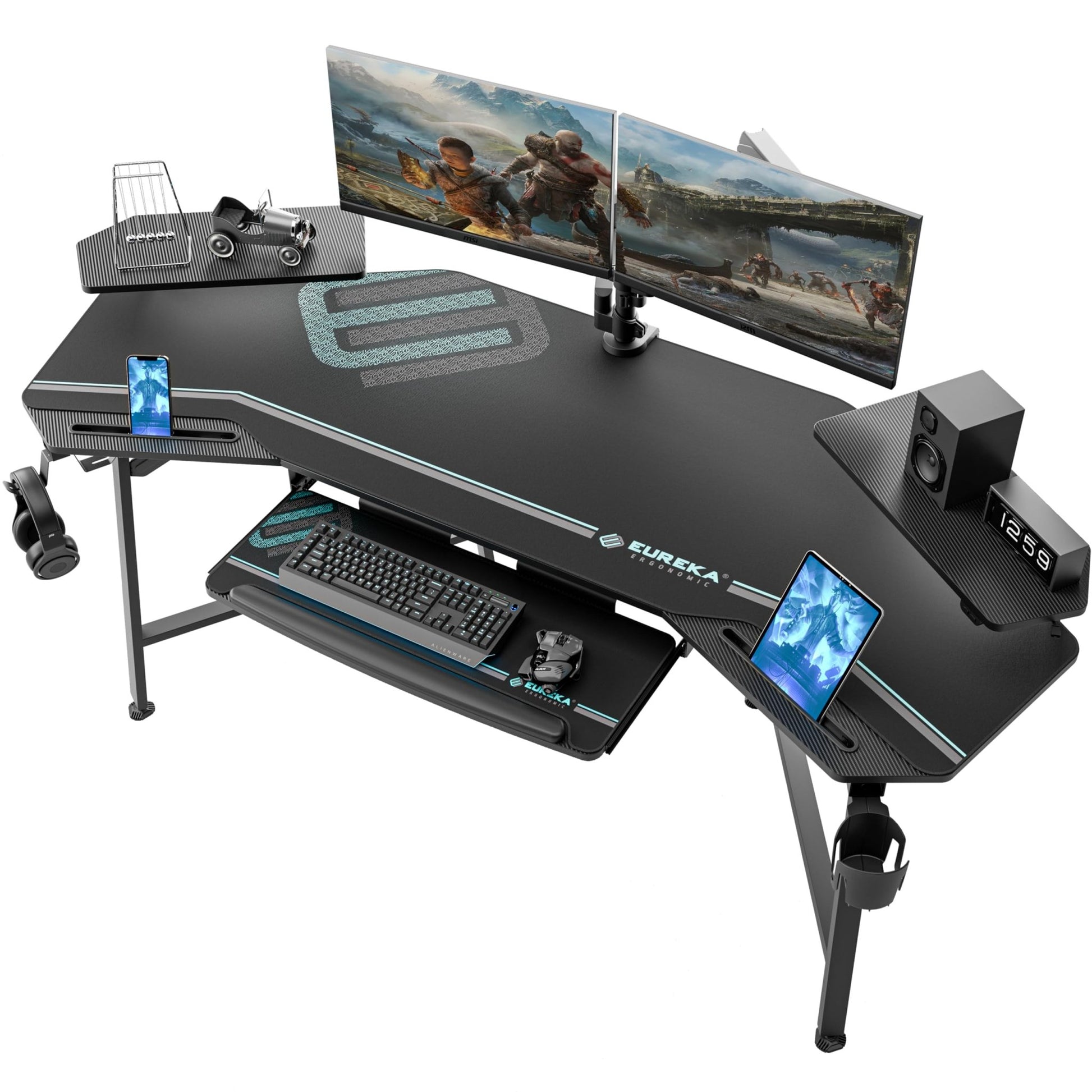 EUREKA ERGONOMIC Aero Gaming Desk with Led Lights, 72" Large Wing - Shaped Studio Desk W Keyboard Tray Monitor Stand Dual Headphone Hanger Cup Holder for Live, Streamer - FocusAid Essentials: Empowering ADHD Living