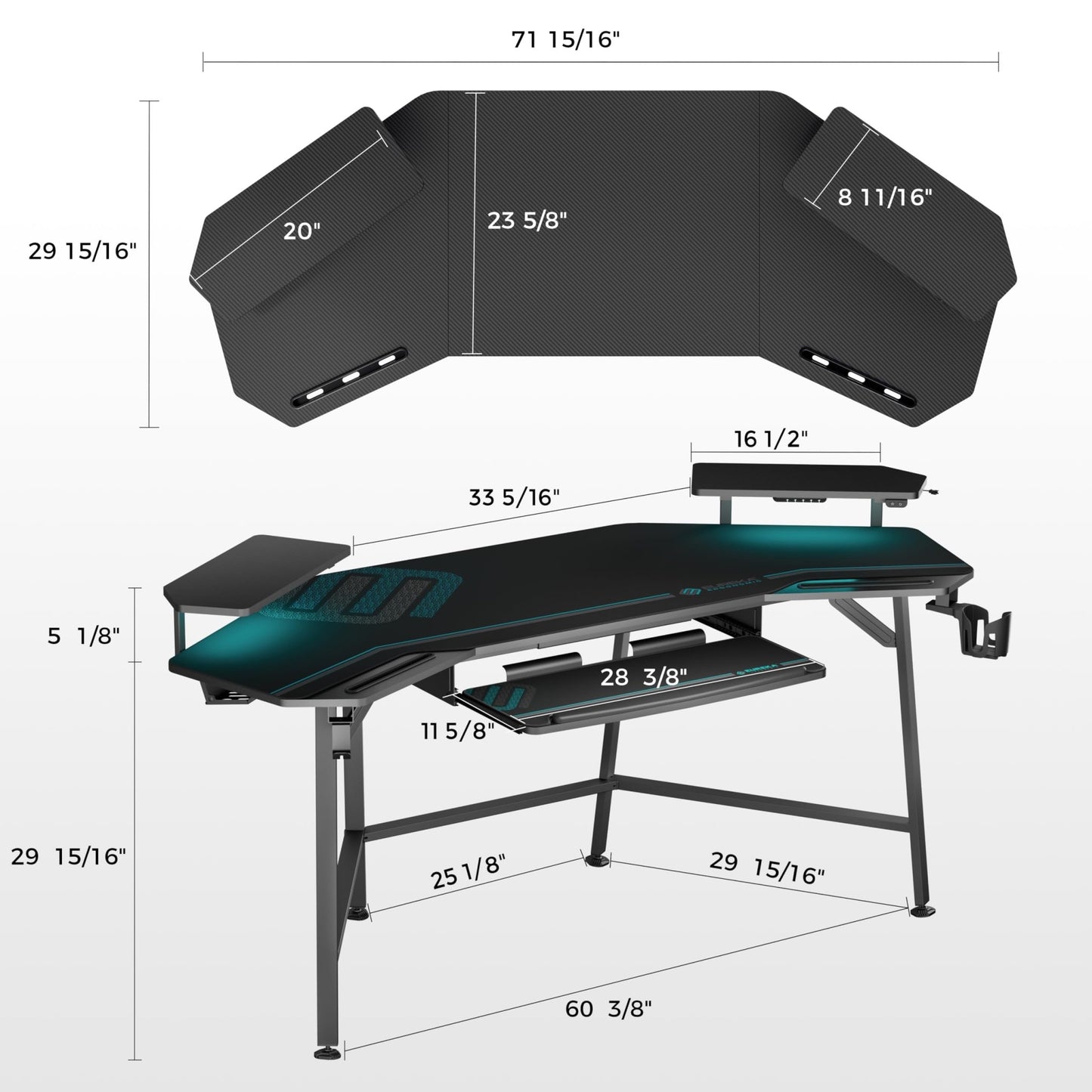 EUREKA ERGONOMIC Gaming Desk with Led Lights,72" Large Wing - Shaped Studio Desk W Keyboard Tray, Computer Desk Table W Monitor Stand Dual Headphone Hanger Cup Holder for Live,Streamer,Black - FocusAid Essentials: Empowering ADHD Living