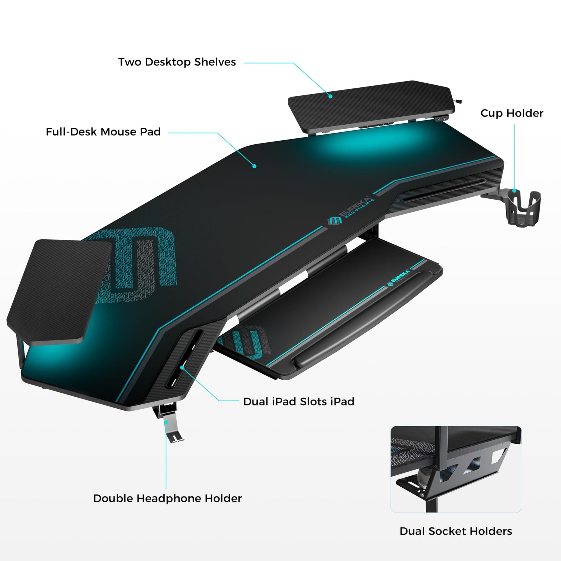 EUREKA ERGONOMIC Gaming Desk with Led Lights,72" Large Wing - Shaped Studio Desk W Keyboard Tray, Computer Desk Table W Monitor Stand Dual Headphone Hanger Cup Holder for Live,Streamer,Black - FocusAid Essentials: Empowering ADHD Living