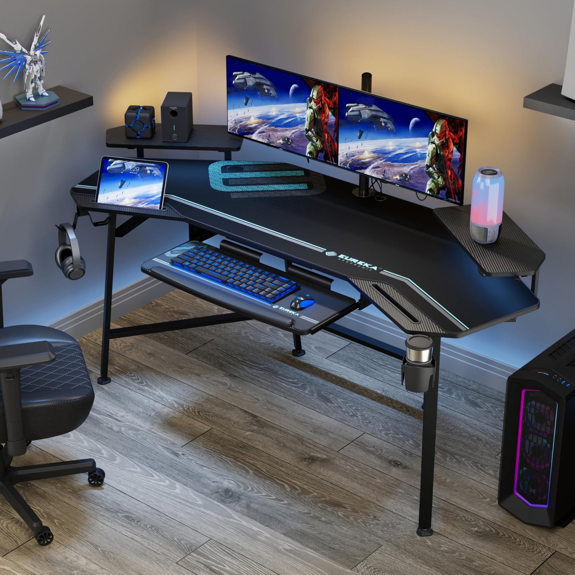 EUREKA ERGONOMIC Gaming Desk with Led Lights,72" Large Wing - Shaped Studio Desk W Keyboard Tray, Computer Desk Table W Monitor Stand Dual Headphone Hanger Cup Holder for Live,Streamer,Black - FocusAid Essentials: Empowering ADHD Living