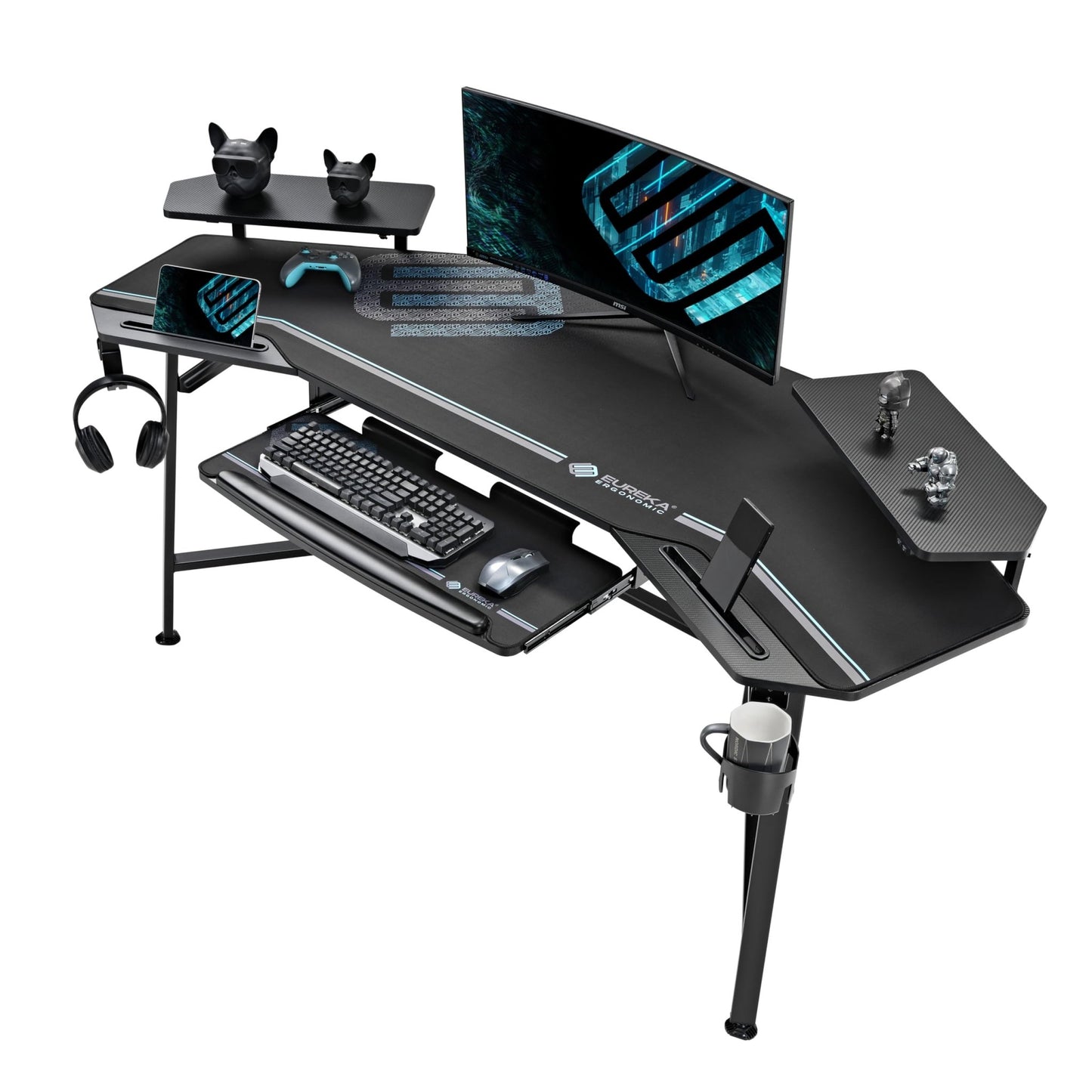 EUREKA ERGONOMIC Gaming Desk with Led Lights,72" Large Wing - Shaped Studio Desk W Keyboard Tray, Computer Desk Table W Monitor Stand Dual Headphone Hanger Cup Holder for Live,Streamer,Black - FocusAid Essentials: Empowering ADHD Living