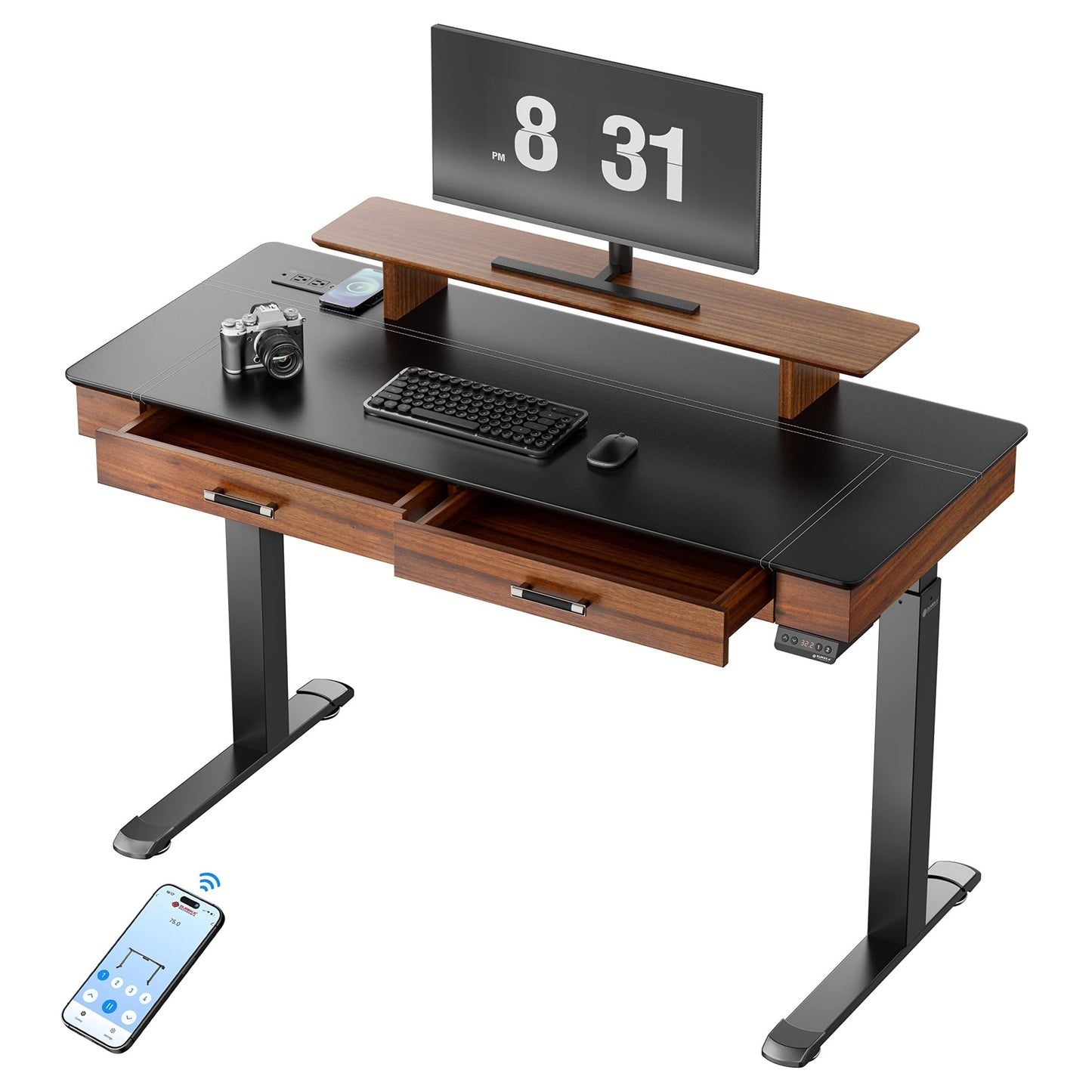 EUREKA ERGONOMIC Leather Standing Desk, APP Smart Control, Electric Height Adjustable, Excecutive Desk Home Office, Wireless Charge Power Outlet Dual Motor Monitor Shelf Drawers, 55 Inch - FocusAid Essentials: Empowering ADHD Living