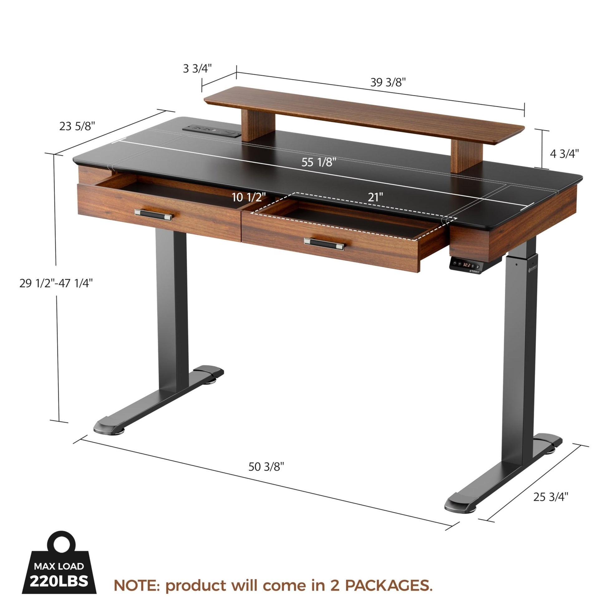 EUREKA ERGONOMIC Leather Standing Desk, APP Smart Control, Electric Height Adjustable, Excecutive Desk Home Office, Wireless Charge Power Outlet Dual Motor Monitor Shelf Drawers, 55 Inch - FocusAid Essentials: Empowering ADHD Living