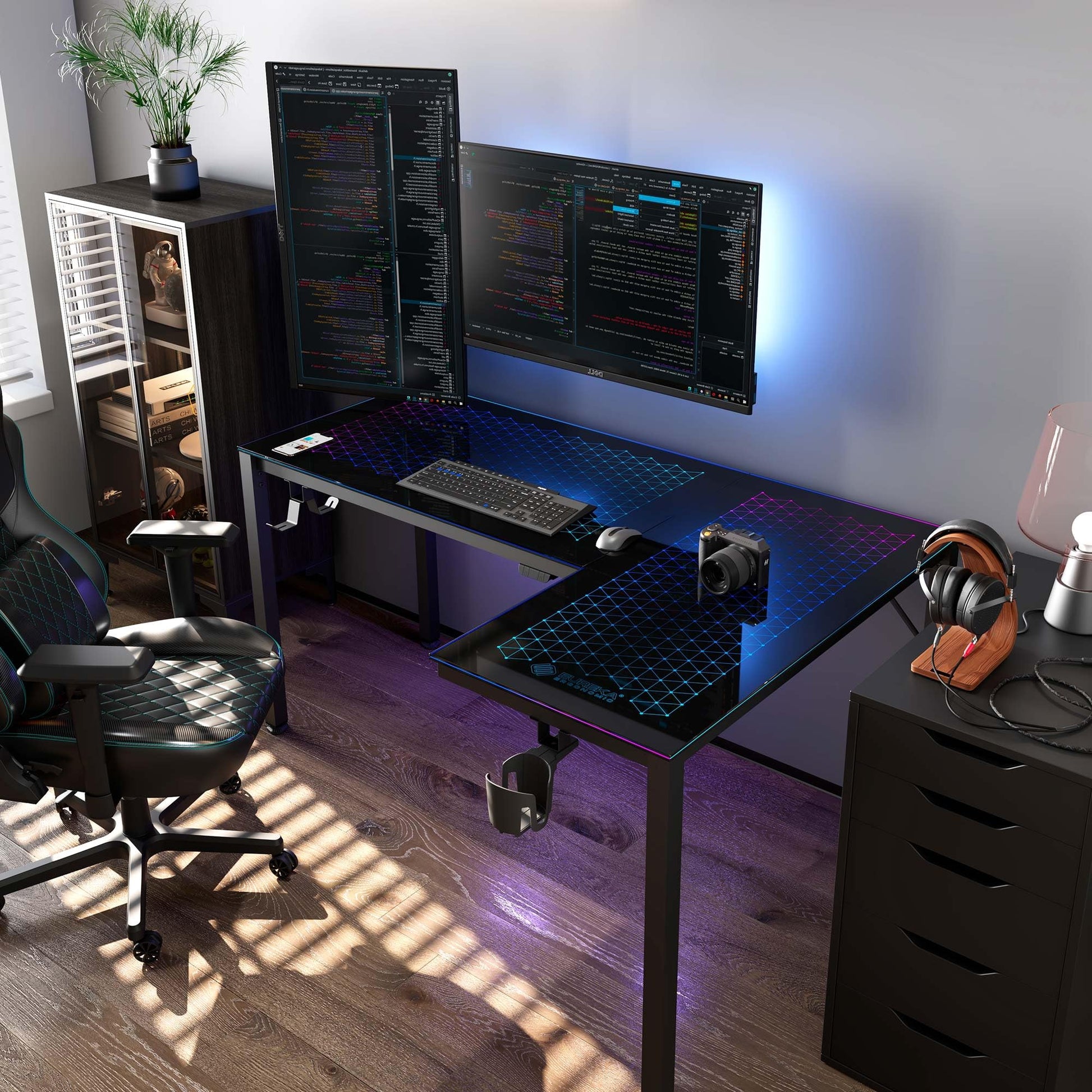 EUREKA ERGONOMIC RGB LED Lights 60 Inch L Shaped Reversible Black Glass Gaming Desk Home Office Computer Table GTG L60 - FocusAid Essentials: Empowering ADHD Living