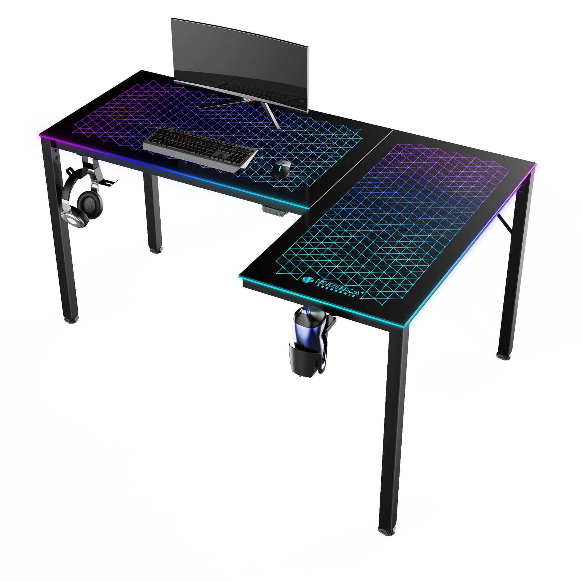 EUREKA ERGONOMIC RGB LED Lights 60 Inch L Shaped Reversible Black Glass Gaming Desk Home Office Computer Table GTG L60 - FocusAid Essentials: Empowering ADHD Living