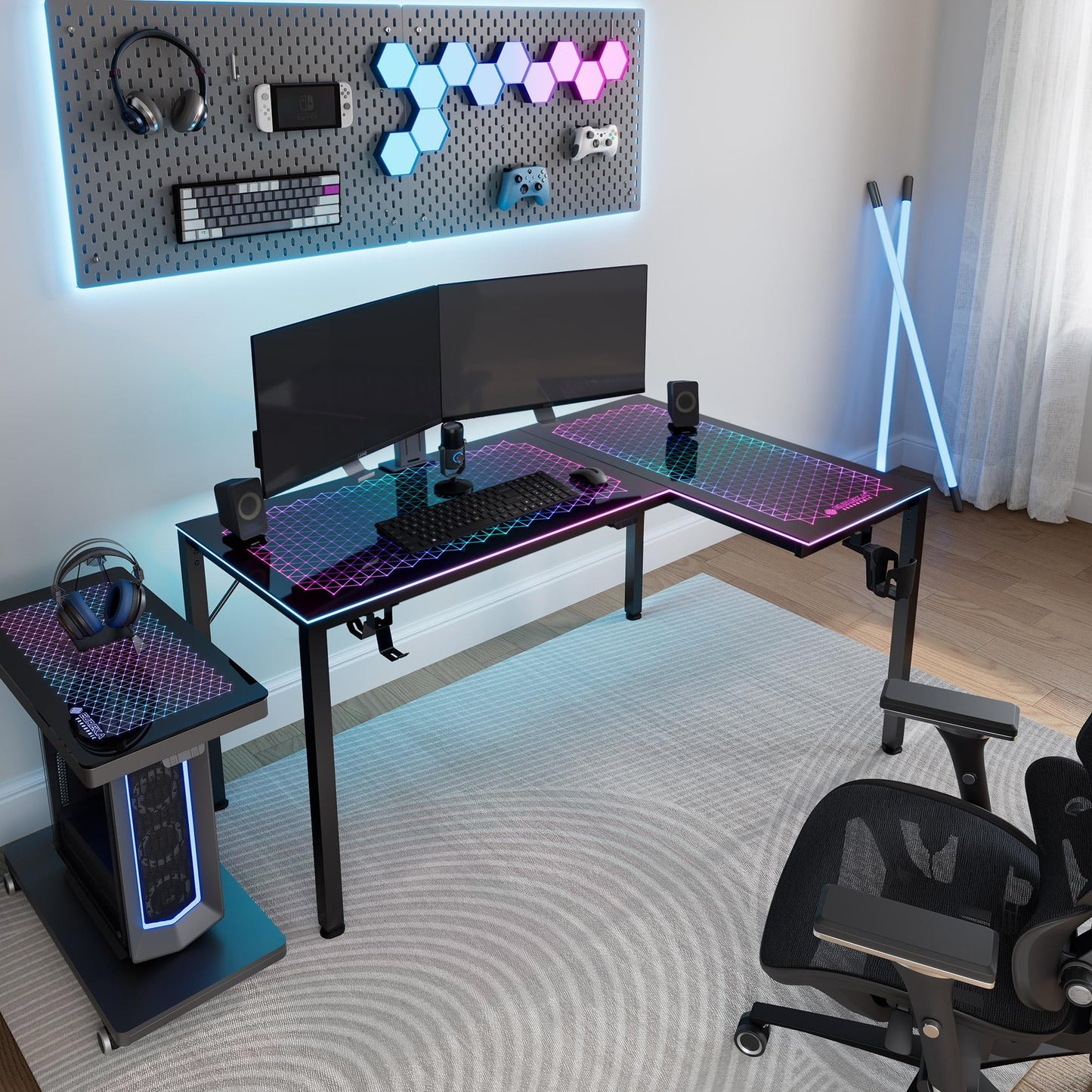 EUREKA ERGONOMIC RGB LED Lights 60 Inch L Shaped Reversible Black Glass Gaming Desk Home Office Computer Table GTG L60 - FocusAid Essentials: Empowering ADHD Living