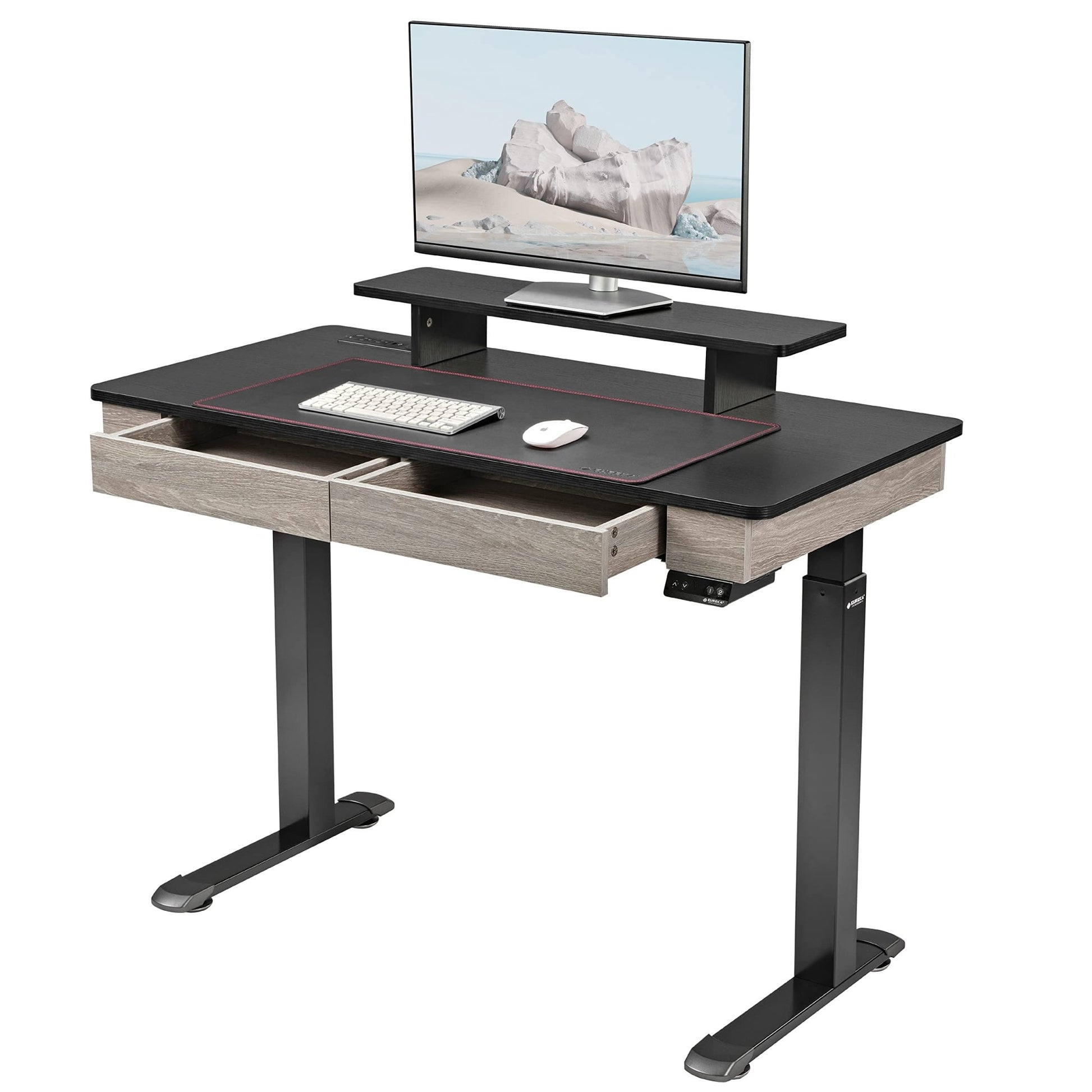 EUREKA ERGONOMIC Standing Desk with Drawers, 47" Electric Height Adjustable Dual Motor Stand Up Desk with Built - in Outlet, Wireless Charger, Luxury Home Office Computer Table, Oak Grey - FocusAid Essentials: Empowering ADHD Living