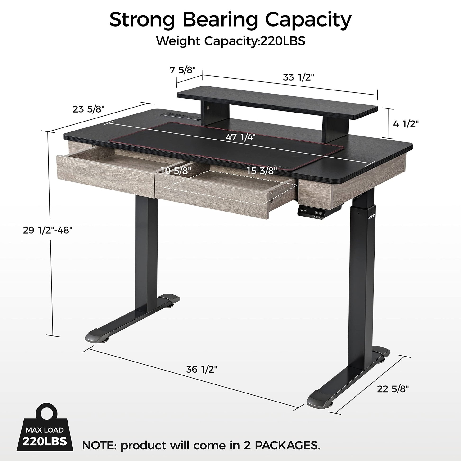 EUREKA ERGONOMIC Standing Desk with Drawers, 47" Electric Height Adjustable Dual Motor Stand Up Desk with Built - in Outlet, Wireless Charger, Luxury Home Office Computer Table, Oak Grey - FocusAid Essentials: Empowering ADHD Living