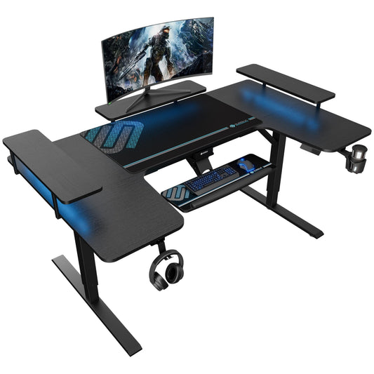 EUREKA ERGONOMIC Standing Desk with Keyboard Tray,U - Shaped 74 Inch Large Gaming Desk,Electric Height Adjustable Music Studio Desk,Sit Stand Office Desk LED Convertible Shelves - FocusAid Essentials: Empowering ADHD Living