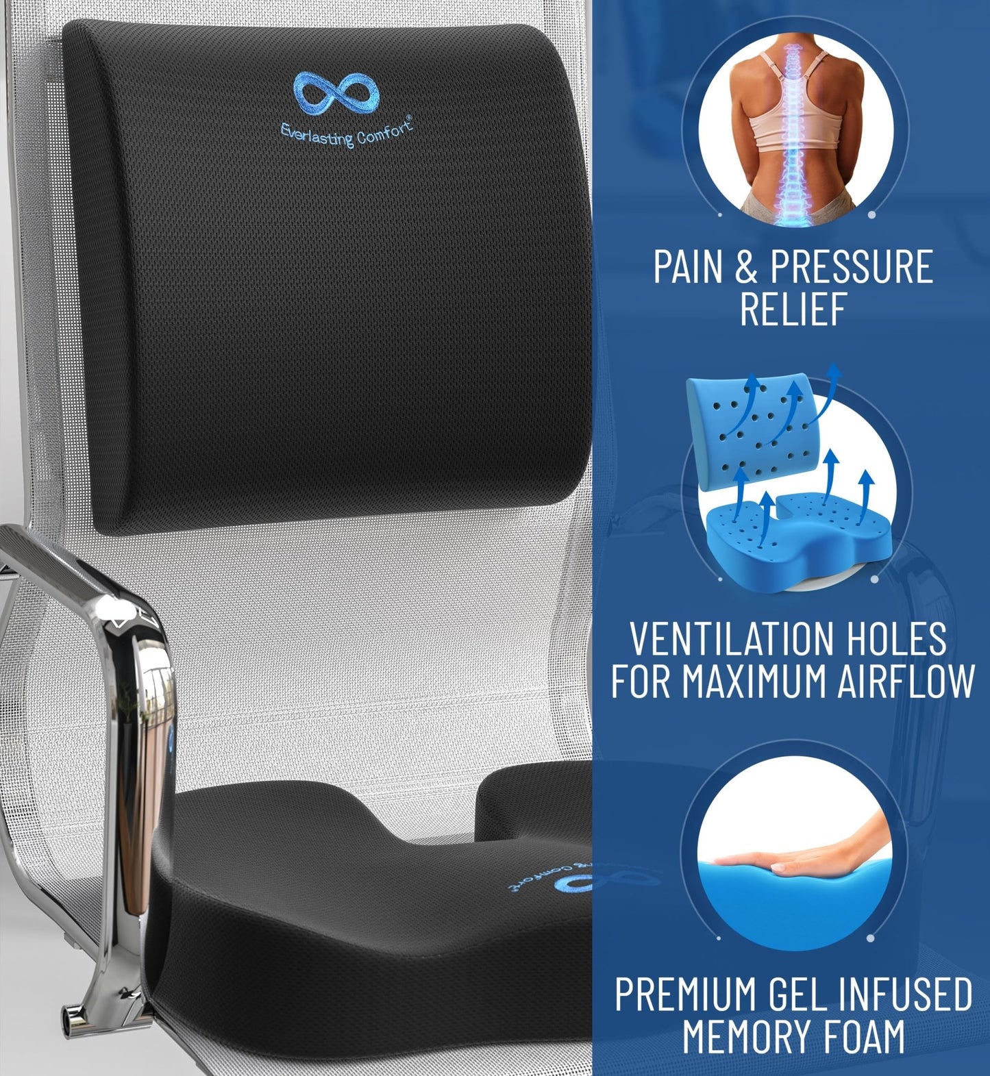 Everlasting Comfort Doctor Recommended Memory Foam Seat Cushions for Office Chairs - HSA FSA Eligible Tailbone Pain Relief Cushion, Sciatica & Back Support, Office Chair Cushion & Car Seat Cushion - FocusAid Essentials: Empowering ADHD Living