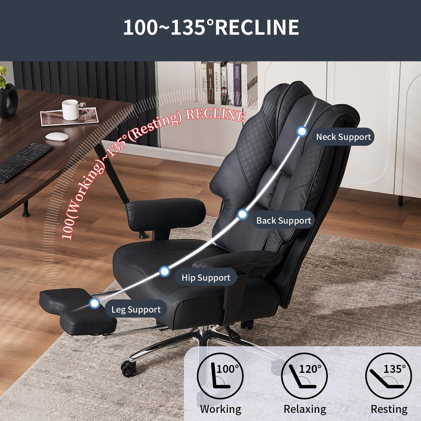 EXCEBET Big and Tall Office Chair 400lbs Wide Seat, Leather High Back Executive Office Chair with Foot Rest, Ergonomic Office Chair Lumbar Support for Lower Back Pain Relief (Black) - FocusAid Essentials: Empowering ADHD Living