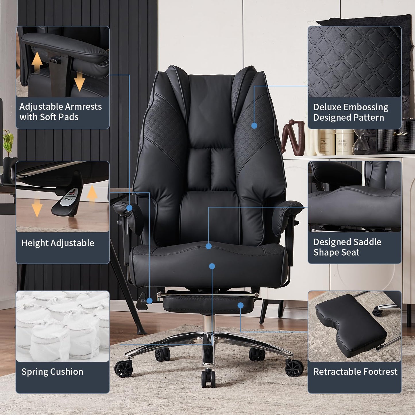 EXCEBET Big and Tall Office Chair 400lbs Wide Seat, Leather High Back Executive Office Chair with Foot Rest, Ergonomic Office Chair Lumbar Support for Lower Back Pain Relief (Black) - FocusAid Essentials: Empowering ADHD Living