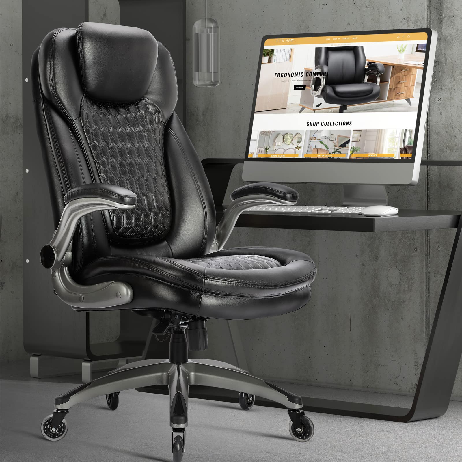 Executive Office Chair - Ergonomic Computer Desk Chair, High Back Leather Chair with Padded Flip - up Arms, Swivel Home Office Chair Upgraded Caster - Black - FocusAid Essentials: Empowering ADHD Living