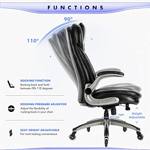 Executive Office Chair - Ergonomic Computer Desk Chair, High Back Leather Chair with Padded Flip - up Arms, Swivel Home Office Chair Upgraded Caster - Black - FocusAid Essentials: Empowering ADHD Living