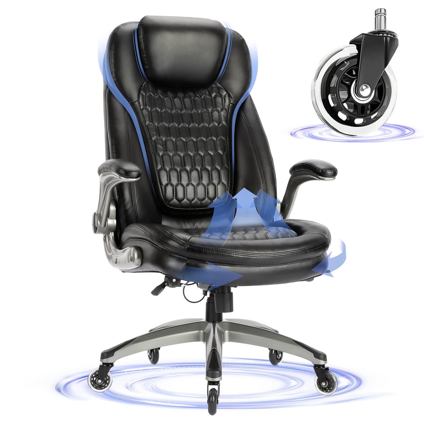 Executive Office Chair - Ergonomic Computer Desk Chair, High Back Leather Chair with Padded Flip - up Arms, Swivel Home Office Chair Upgraded Caster - Black - FocusAid Essentials: Empowering ADHD Living