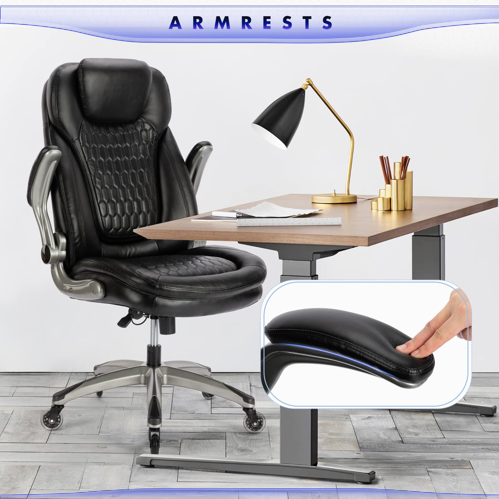 Executive Office Chair - Ergonomic Computer Desk Chair, High Back Leather Chair with Padded Flip - up Arms, Swivel Home Office Chair Upgraded Caster - Black - FocusAid Essentials: Empowering ADHD Living