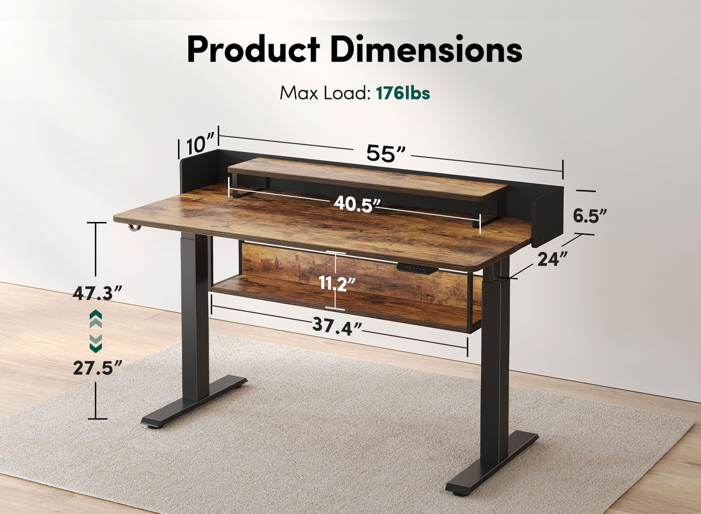 FEZIBO 55" Electric Standing Desk with Shelves, 55 x 24 Inch Sit Stand Rising Desk with Monitor Stand and Storage, Ergonomic Home Office Computer Desk, Rustic - FocusAid Essentials: Empowering ADHD Living