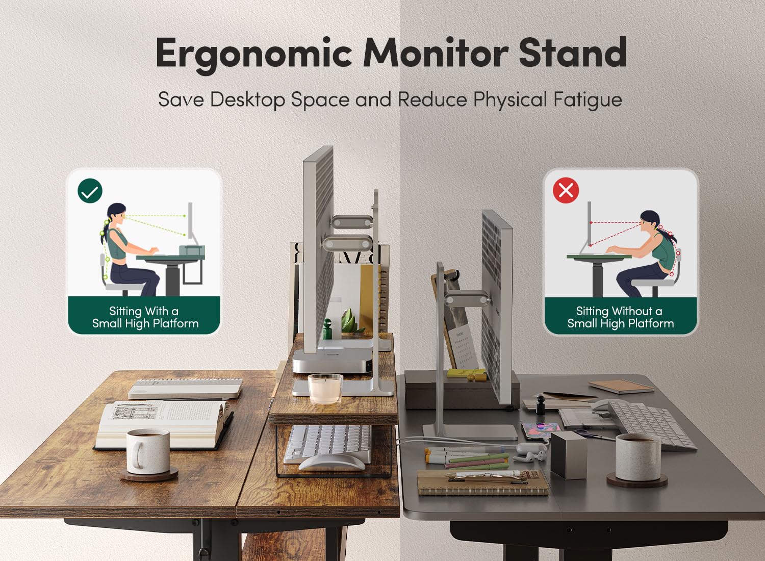 FEZIBO 55" Electric Standing Desk with Shelves, 55 x 24 Inch Sit Stand Rising Desk with Monitor Stand and Storage, Ergonomic Home Office Computer Desk, Rustic - FocusAid Essentials: Empowering ADHD Living