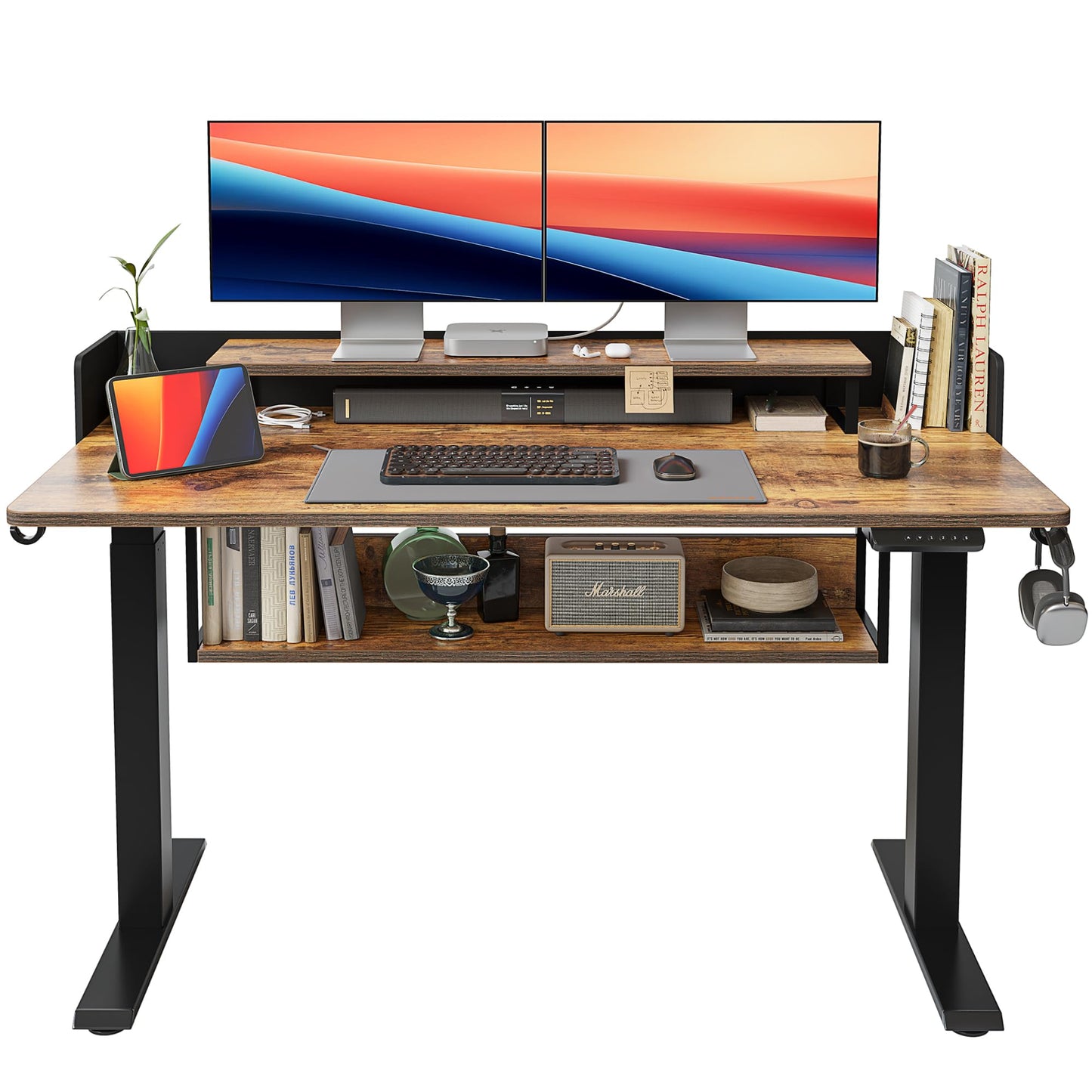 FEZIBO 55" Electric Standing Desk with Shelves, 55 x 24 Inch Sit Stand Rising Desk with Monitor Stand and Storage, Ergonomic Home Office Computer Desk, Rustic - FocusAid Essentials: Empowering ADHD Living