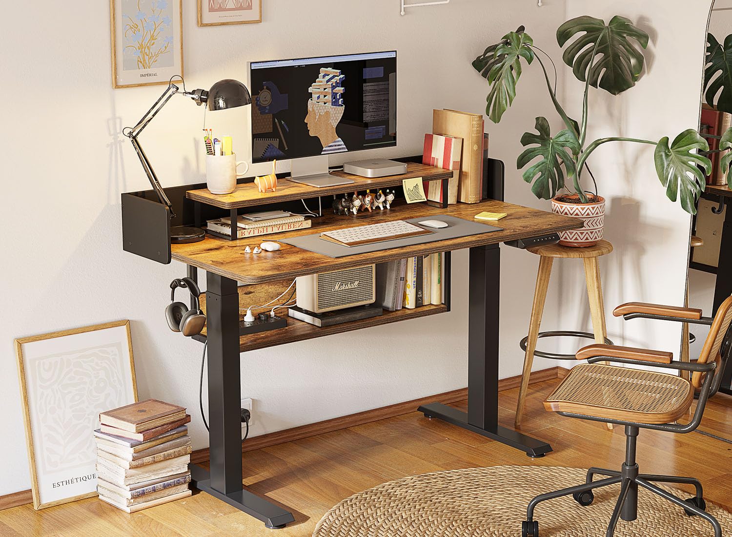 FEZIBO 55" Electric Standing Desk with Shelves, 55 x 24 Inch Sit Stand Rising Desk with Monitor Stand and Storage, Ergonomic Home Office Computer Desk, Rustic - FocusAid Essentials: Empowering ADHD Living