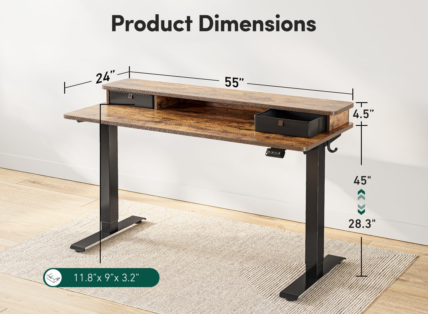 FEZIBO 55 x 24 Inch Height Adjustable Electric Standing Desk with Double Drawer, Stand Up Desk with Storage Shelf, Sit Stand Desk, Rustic Brown - FocusAid Essentials: Empowering ADHD Living