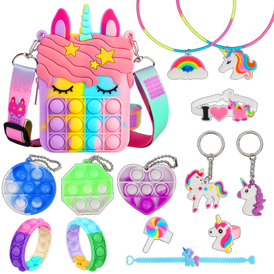 Fidget Purse, Pop Fidget Push It Bubble Popper Unicorn Bag with Bulk Fidget Bracelets Key Chain Stress Relief Toys for Girls Ages 3 - 12 Gift Easter Basket Stuffers Birthday Party Favor Xmas Stocking - FocusAid Essentials: Empowering ADHD Living