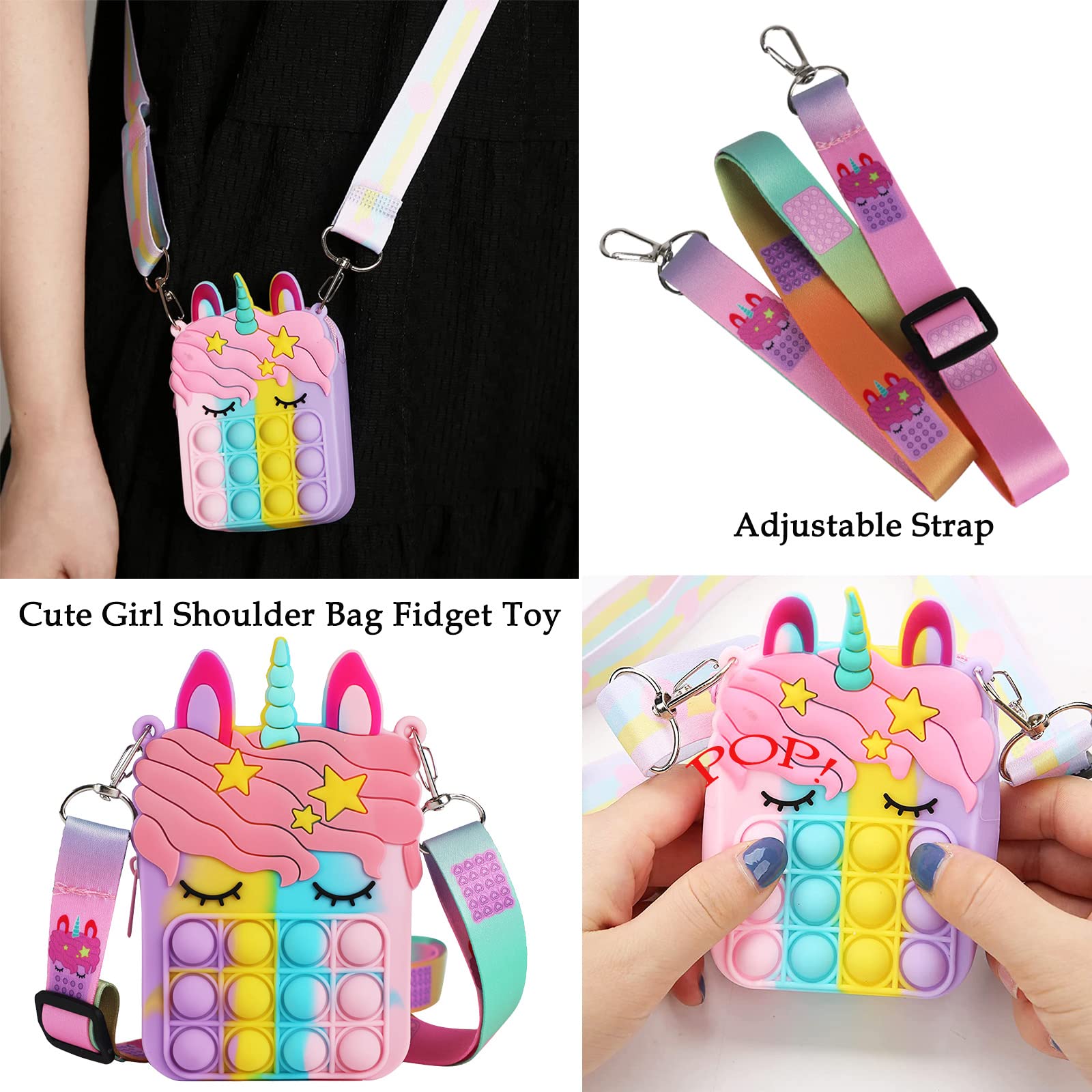 Fidget Purse, Pop Fidget Push It Bubble Popper Unicorn Bag with Bulk Fidget Bracelets Key Chain Stress Relief Toys for Girls Ages 3 - 12 Gift Easter Basket Stuffers Birthday Party Favor Xmas Stocking - FocusAid Essentials: Empowering ADHD Living