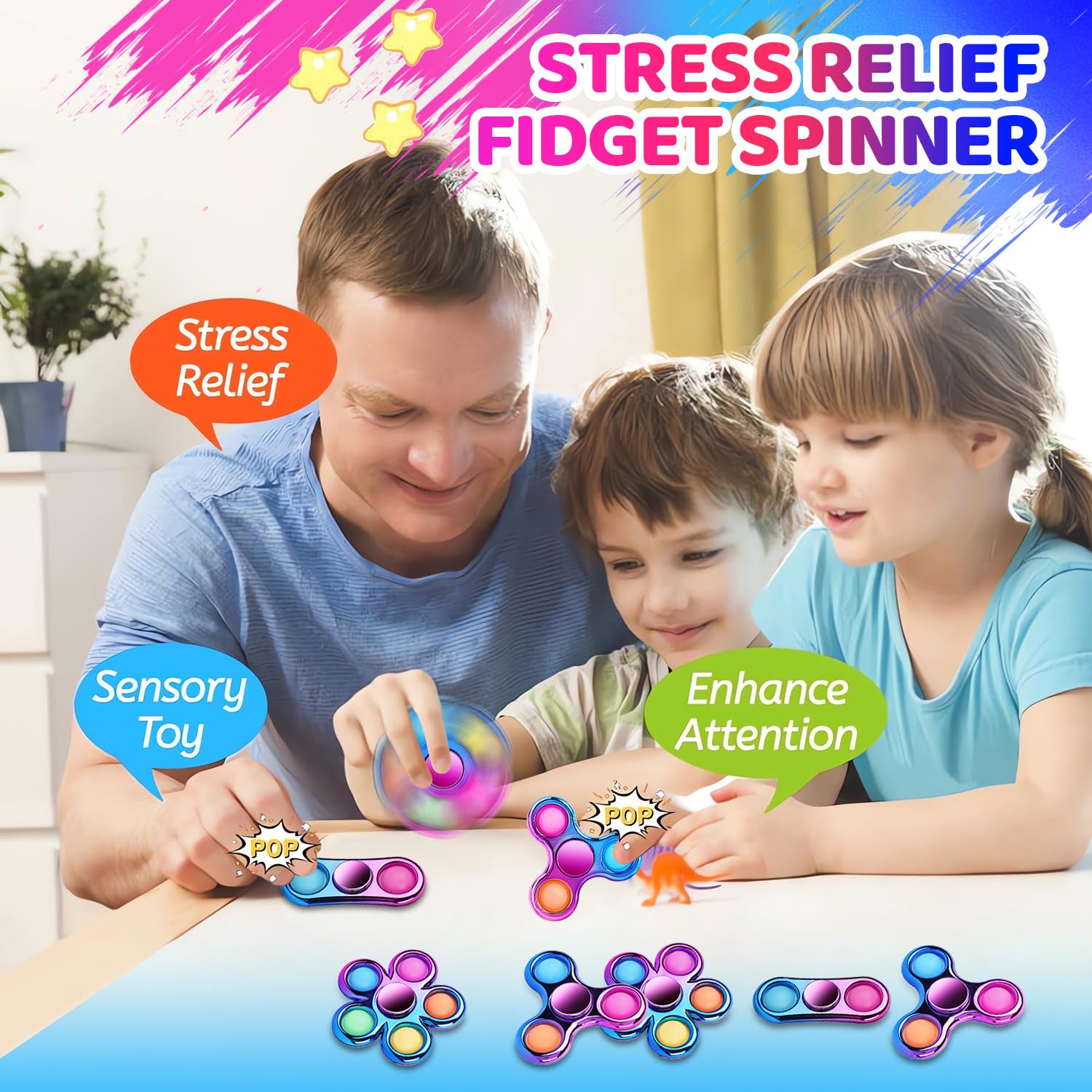 FIGROL 3 Pack Pop Fidget Spinners for Party Favors｜Hand Fidget Bulk Toys for Classroom Return Prizes｜Sensory Fidget Toys for Teens Boys Girls｜Christmas Brithday Gifts Prizes - FocusAid Essentials: Empowering ADHD Living