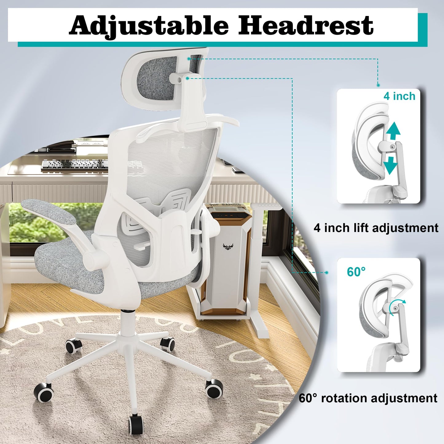 FOKESUN Ergonomic Office Chair, High Back Mesh Desk Chair with Thick Molded Foam Cushion, Coat Hanger, Adjustable Headrest, Lumbar Support, Tilt & Lock Function - Computer Chair (Light Grey) - FocusAid Essentials: Empowering ADHD Living