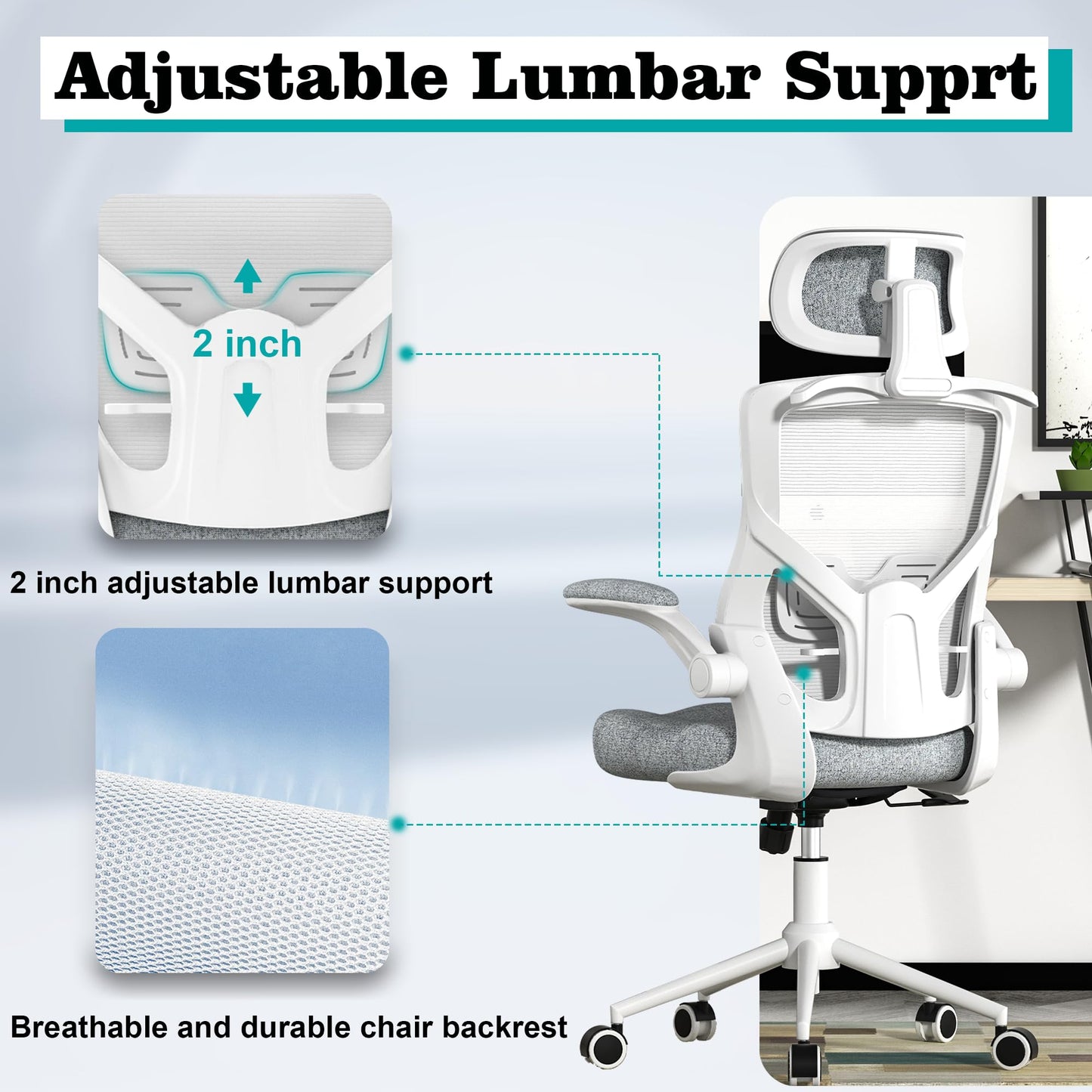 FOKESUN Ergonomic Office Chair, High Back Mesh Desk Chair with Thick Molded Foam Cushion, Coat Hanger, Adjustable Headrest, Lumbar Support, Tilt & Lock Function - Computer Chair (Light Grey) - FocusAid Essentials: Empowering ADHD Living