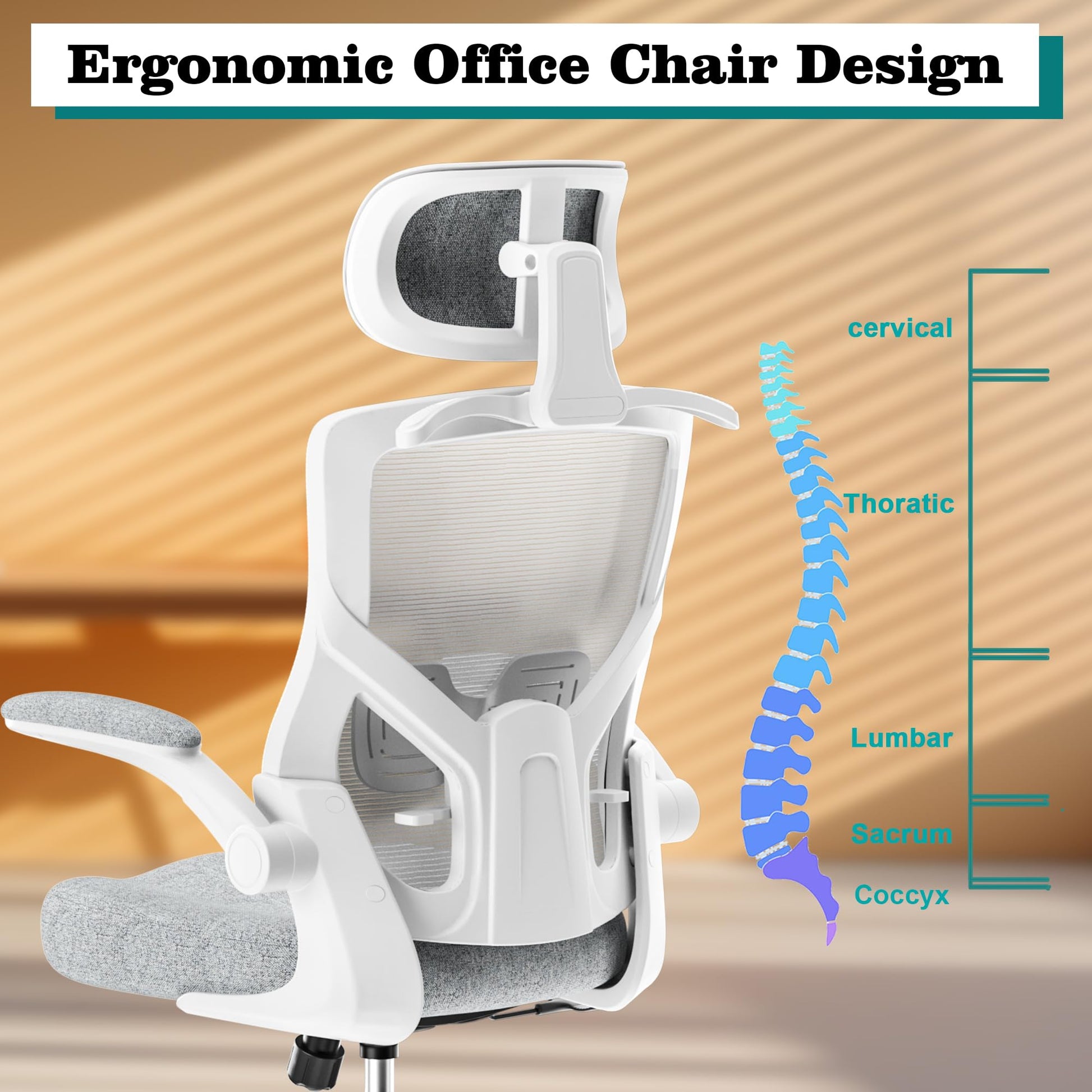 FOKESUN Ergonomic Office Chair, High Back Mesh Desk Chair with Thick Molded Foam Cushion, Coat Hanger, Adjustable Headrest, Lumbar Support, Tilt & Lock Function - Computer Chair (Light Grey) - FocusAid Essentials: Empowering ADHD Living