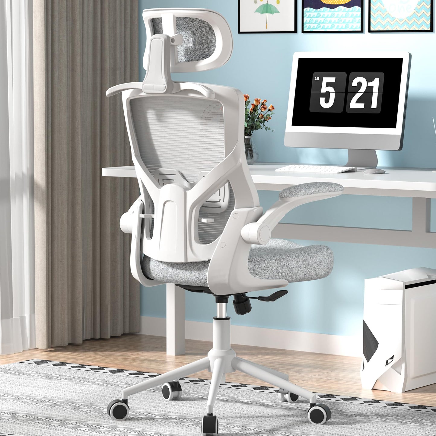 FOKESUN Ergonomic Office Chair, High Back Mesh Desk Chair with Thick Molded Foam Cushion, Coat Hanger, Adjustable Headrest, Lumbar Support, Tilt & Lock Function - Computer Chair (Light Grey) - FocusAid Essentials: Empowering ADHD Living