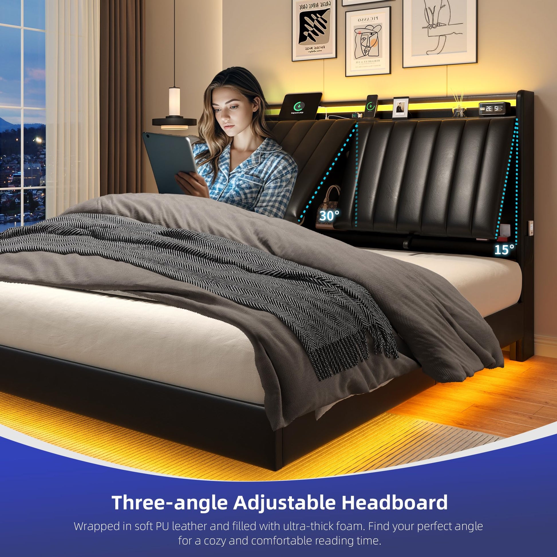 Full Size Floating Bed Frame with Ergonomic Hidden Storage Headboard and LED Lights, Visual Floating LED Bed Frame with Charing Station, Leather Upholstered Platform Bed, No Box Spring Needed, Black - FocusAid Essentials: Empowering ADHD Living