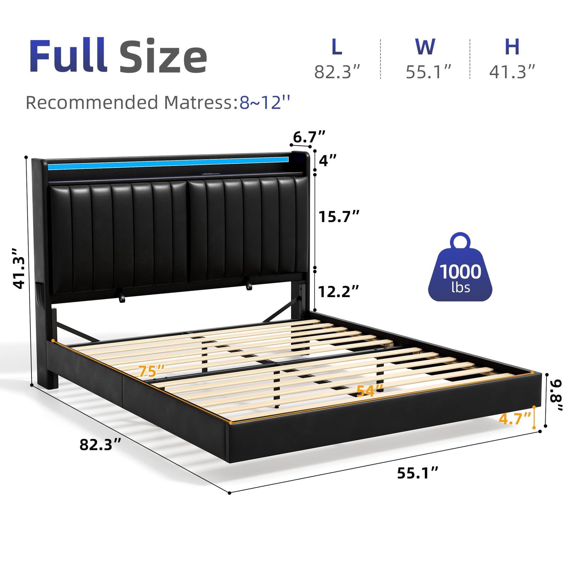 Full Size Floating Bed Frame with Ergonomic Hidden Storage Headboard and LED Lights, Visual Floating LED Bed Frame with Charing Station, Leather Upholstered Platform Bed, No Box Spring Needed, Black - FocusAid Essentials: Empowering ADHD Living