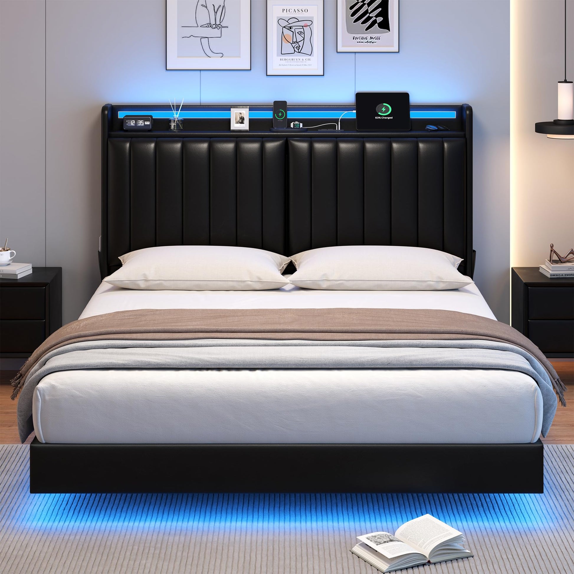 Full Size Floating Bed Frame with Ergonomic Hidden Storage Headboard and LED Lights, Visual Floating LED Bed Frame with Charing Station, Leather Upholstered Platform Bed, No Box Spring Needed, Black - FocusAid Essentials: Empowering ADHD Living