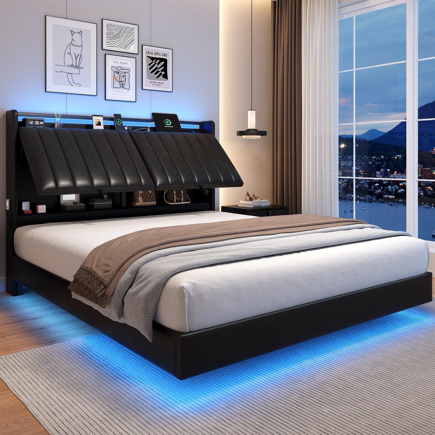 Full Size Floating Bed Frame with Ergonomic Hidden Storage Headboard and LED Lights, Visual Floating LED Bed Frame with Charing Station, Leather Upholstered Platform Bed, No Box Spring Needed, Black - FocusAid Essentials: Empowering ADHD Living