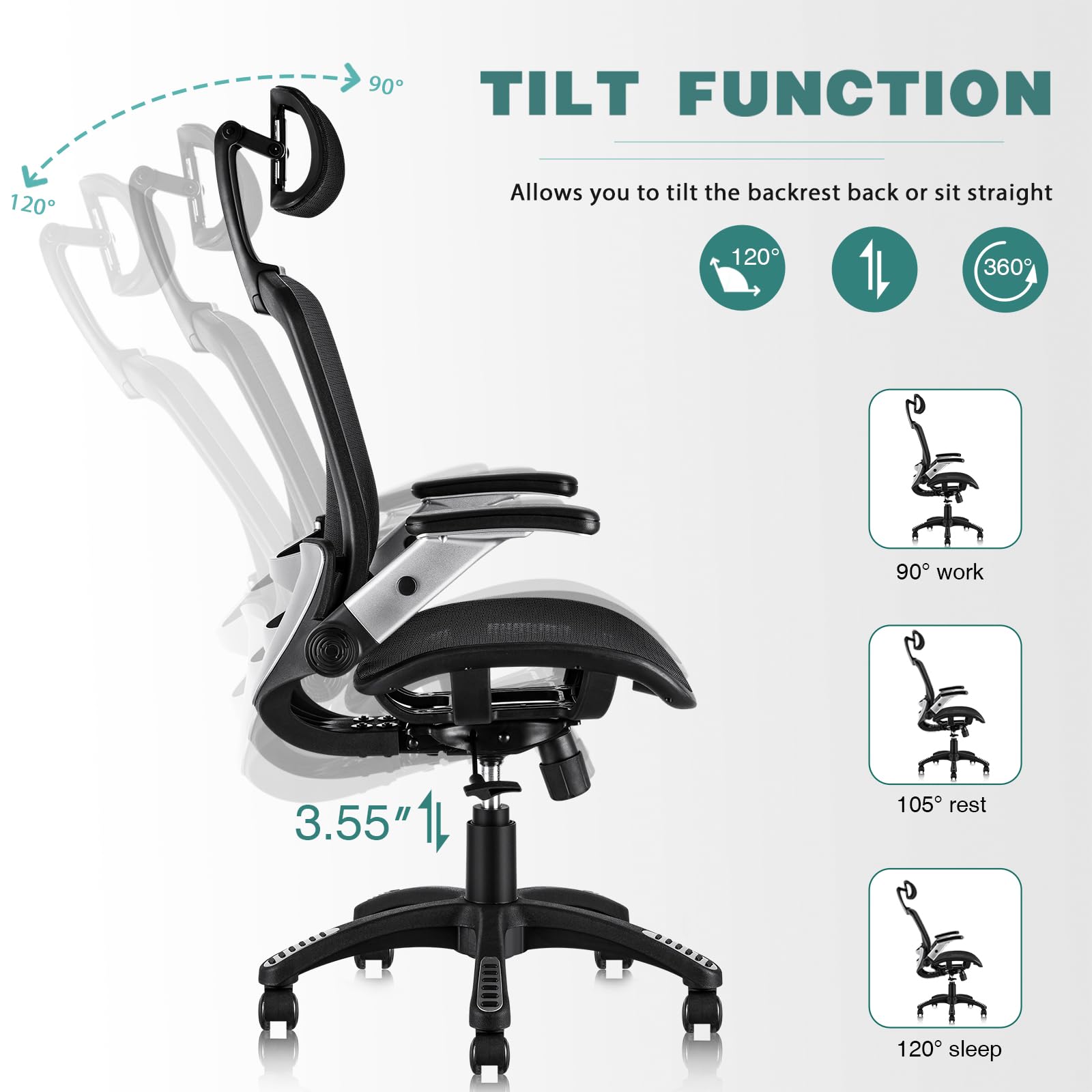 GABRYLLY Ergonomic Office Chair, High Back Home Desk Chair with Headrest, Flip - Up Arms, 90 - 120° Tilt Lock and Wide Cushion, Big and Tall Mesh Chairs for Man Woman, Black Task Chair - FocusAid Essentials: Empowering ADHD Living