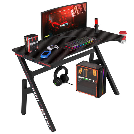 Gaming Desk Computer Desk 47 Inch Home Office Desk Extra Large Modern Ergonomic Black PC Carbon Fiber Table Gamer Workstation with Cup Holder Headphone Hook - FocusAid Essentials: Empowering ADHD Living