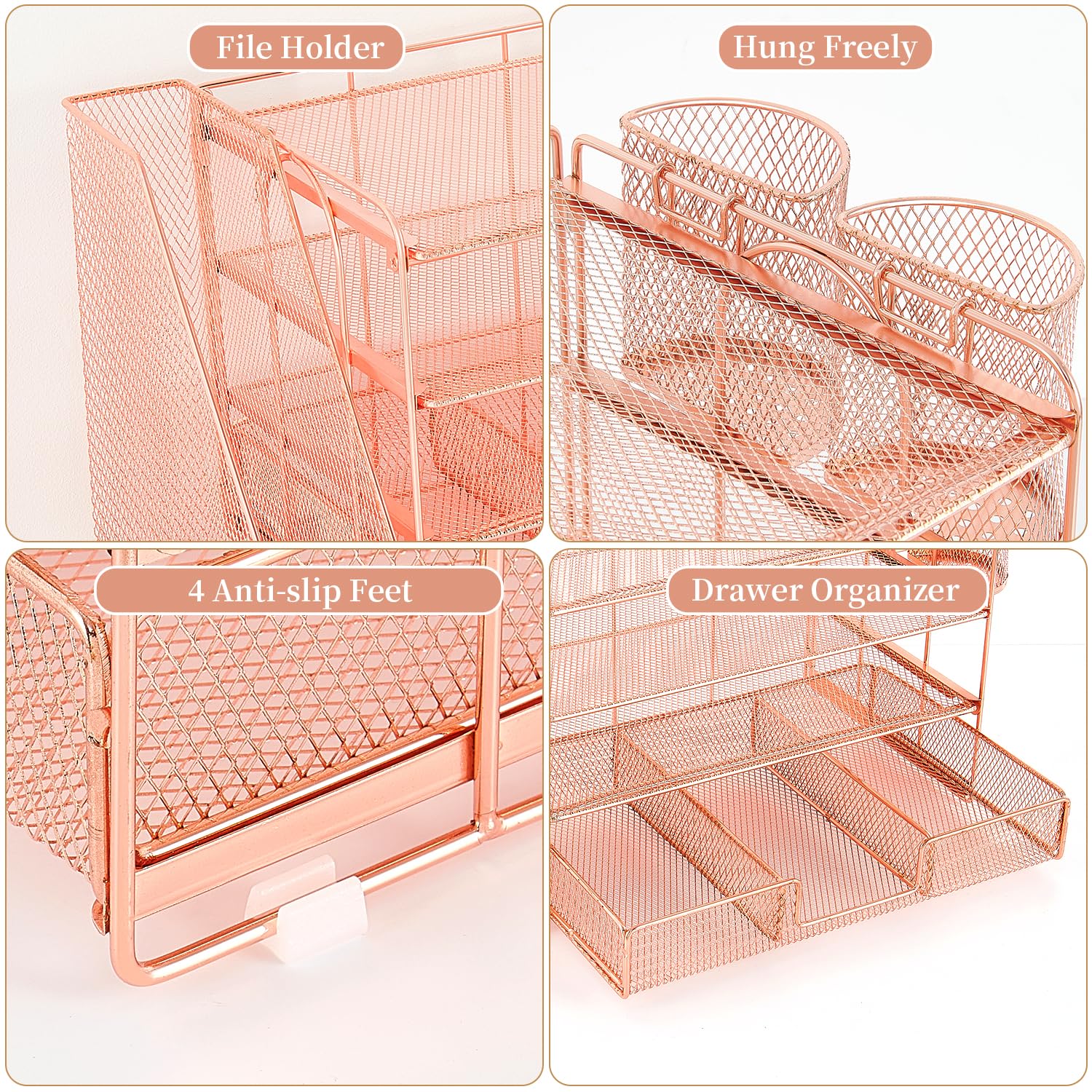 gianotter Paper Letter Tray Organizer with File Holder, 4 - Tier Desk Accessories & Workspace Desk Organizers with Drawer and 2 Pen Holder for Office Supplies (Rose Gold) - FocusAid Essentials: Empowering ADHD Living