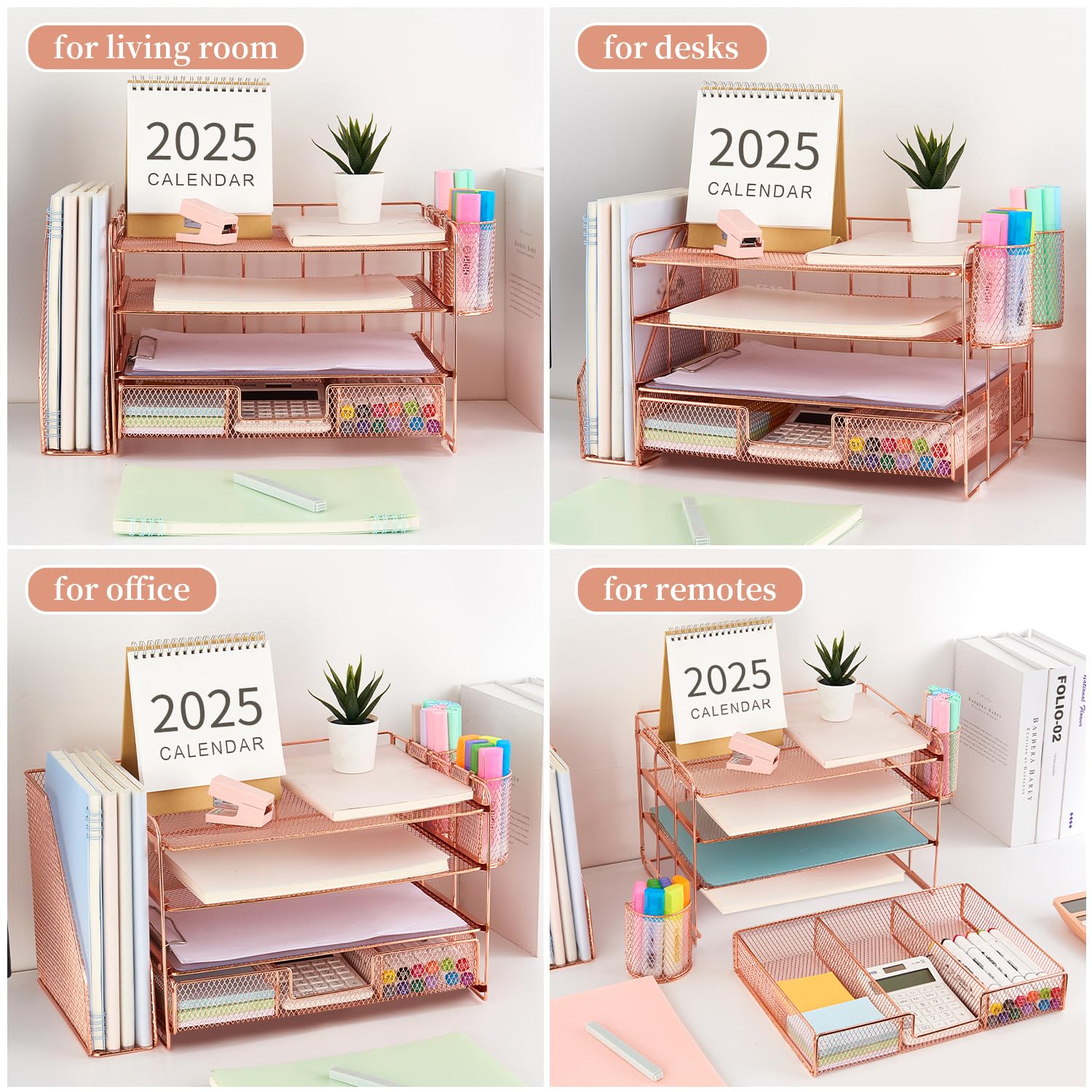 gianotter Paper Letter Tray Organizer with File Holder, 4 - Tier Desk Accessories & Workspace Desk Organizers with Drawer and 2 Pen Holder for Office Supplies (Rose Gold) - FocusAid Essentials: Empowering ADHD Living