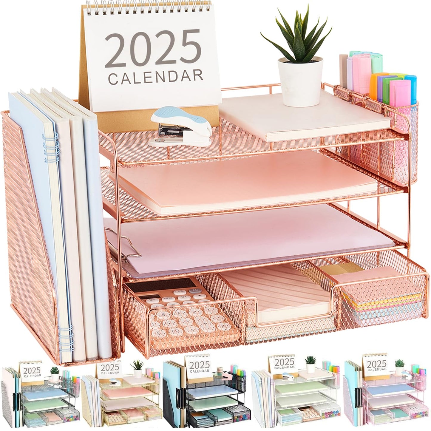 gianotter Paper Letter Tray Organizer with File Holder, 4 - Tier Desk Accessories & Workspace Desk Organizers with Drawer and 2 Pen Holder for Office Supplies (Rose Gold) - FocusAid Essentials: Empowering ADHD Living