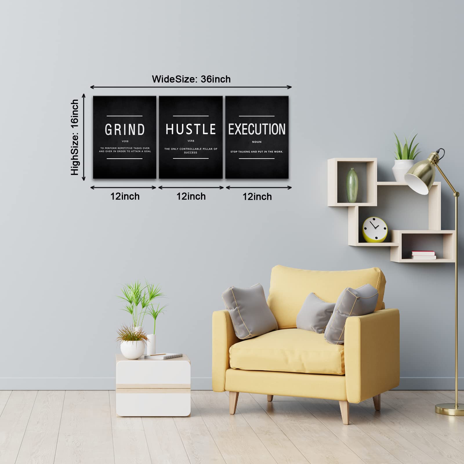 Grind Hustle Execution Wall Art Motivational Wall Decor Motivational Quotes Pictures Posters 3 Pieces Framed Canvas Wall Art Prints Goal Artwork Home Office Wall Decor Ready to Hang - FocusAid Essentials: Empowering ADHD Living