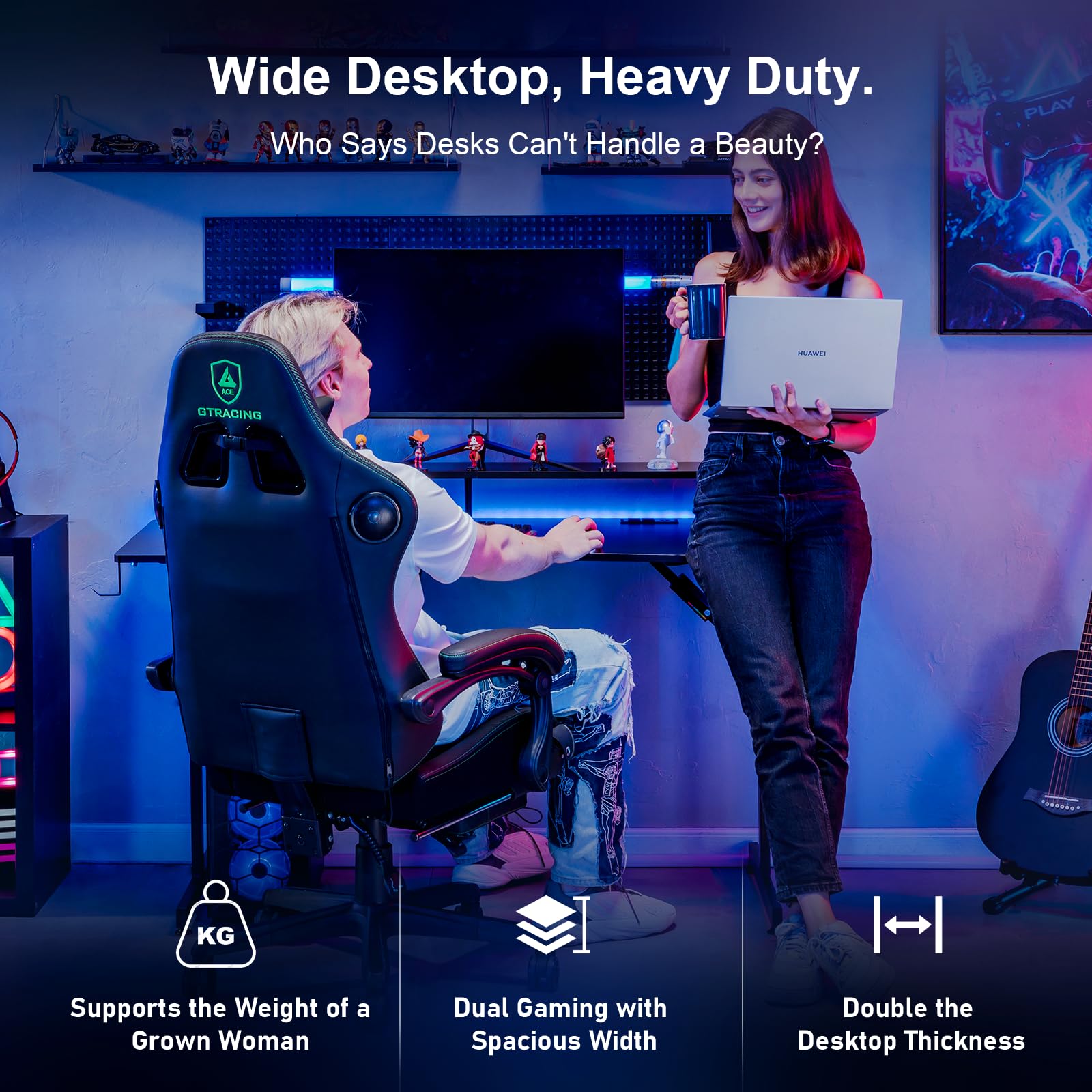 GTRACING 55 Inch Gaming Desk, Computer Gamer Desk with Monitor Stand, Ergonomic Carbon Fiber Surface Gaming Table with Power Outlet and Mouse Pad for Home Office, RGB - FocusAid Essentials: Empowering ADHD Living