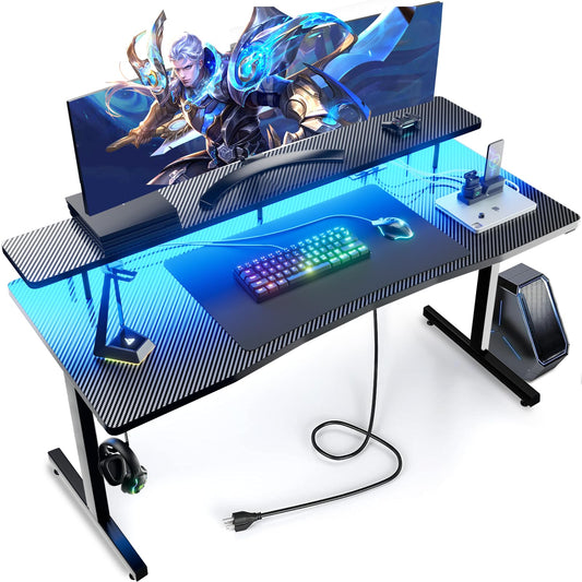 GTRACING 55 Inch Gaming Desk, Computer Gamer Desk with Monitor Stand, Ergonomic Carbon Fiber Surface Gaming Table with Power Outlet and Mouse Pad for Home Office, RGB - FocusAid Essentials: Empowering ADHD Living